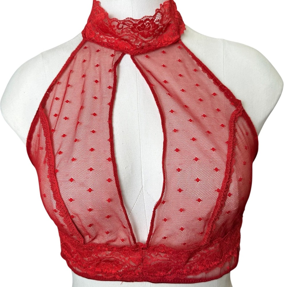 Frederick's‎ of Hollywood Bralette Women Medium Red Sheer Lace Keyhole Halter